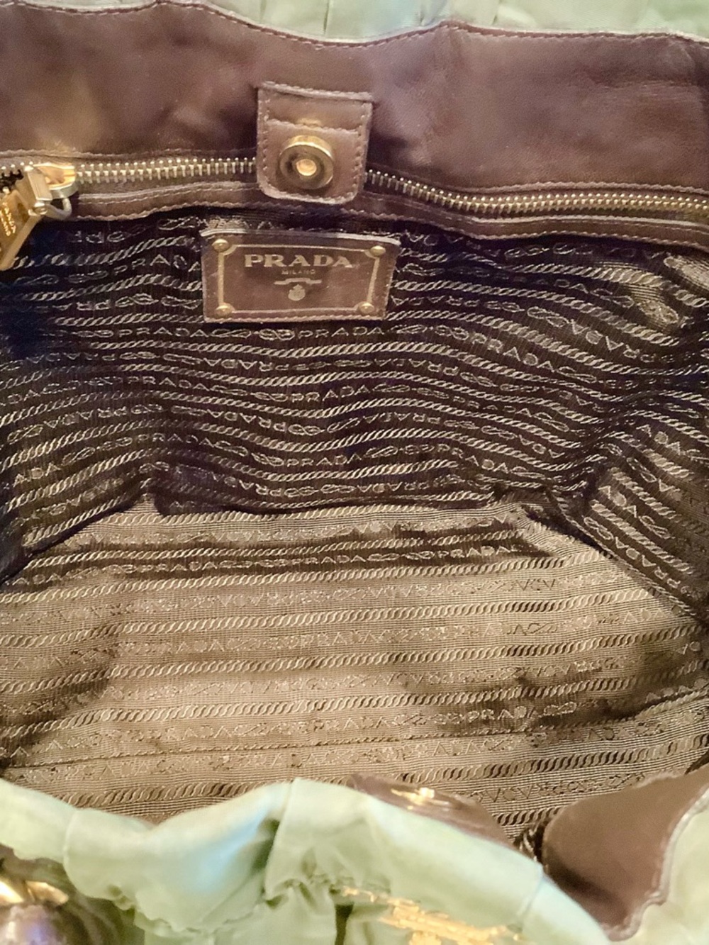 Prada Gaufre Olive Green Nylon Tote w/ Brown Leather Trim. PreLoved w/ sling - Picture 15 of 15